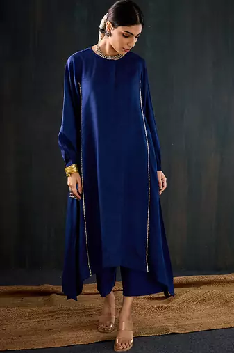 Navy blue plain dola silk kurta set