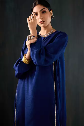 Navy blue plain dola silk kurta set