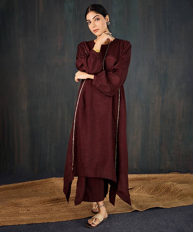 Brown plain dola silk kurta set