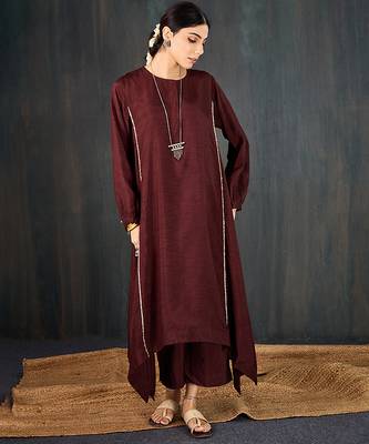 Brown plain dola silk kurta set 3