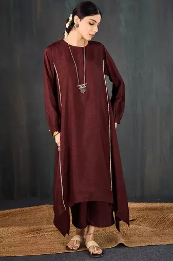 Brown plain dola silk kurta set