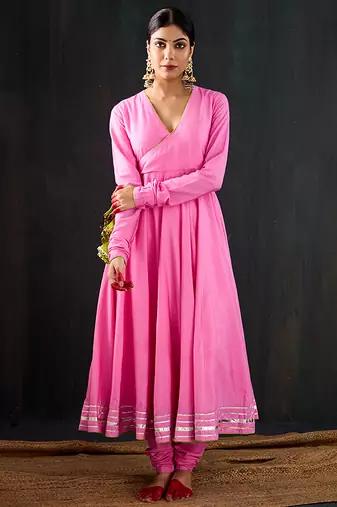 Light pink plain cotton silk anarkali
