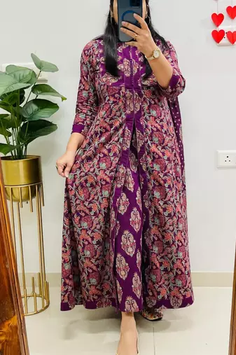 women pure cotton printed purple kurta with pant and dupatta