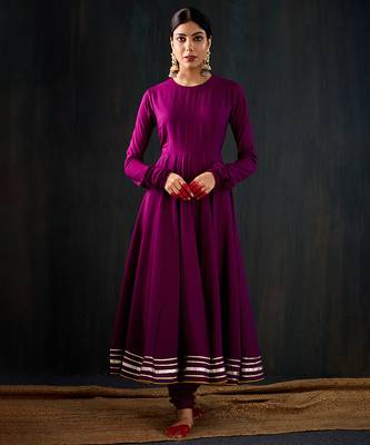 Purple plain cotton silk anarkali 1