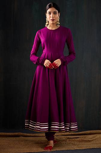 Purple plain cotton silk anarkali