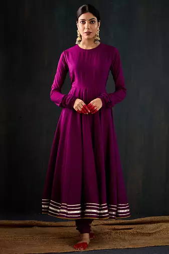 Purple plain cotton silk anarkali