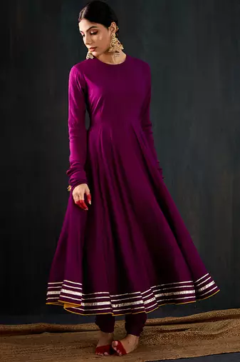 Purple plain cotton silk anarkali