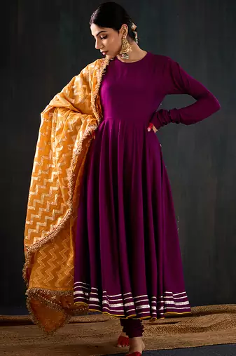 Purple plain cotton silk anarkali
