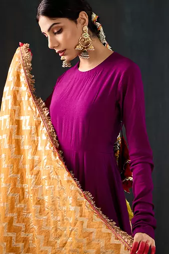 Purple plain cotton silk anarkali