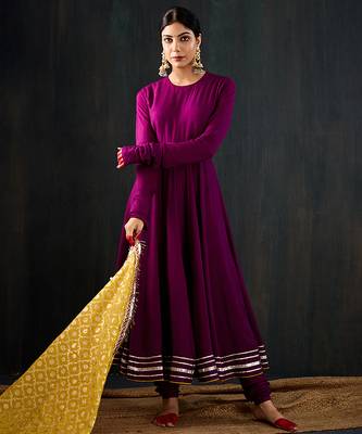 Purple plain cotton silk anarkali 1