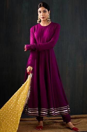 Purple plain cotton silk anarkali