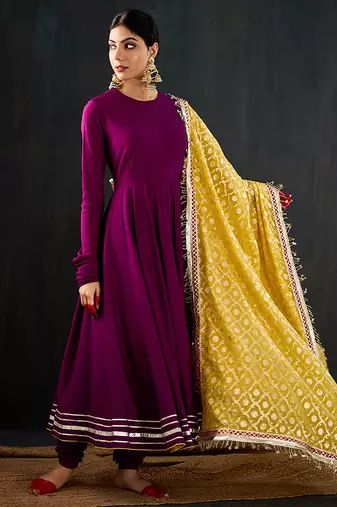 Purple plain cotton silk anarkali