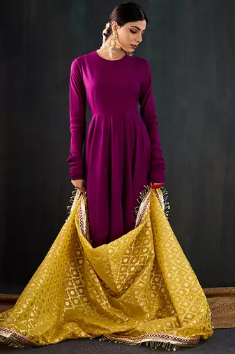 Purple plain cotton silk anarkali