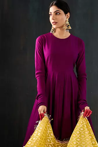 Purple plain cotton silk anarkali