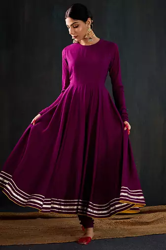 Purple plain cotton silk anarkali