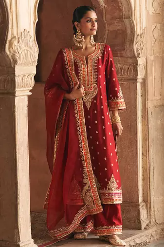 Red embroidered chanderi silk kurta set
