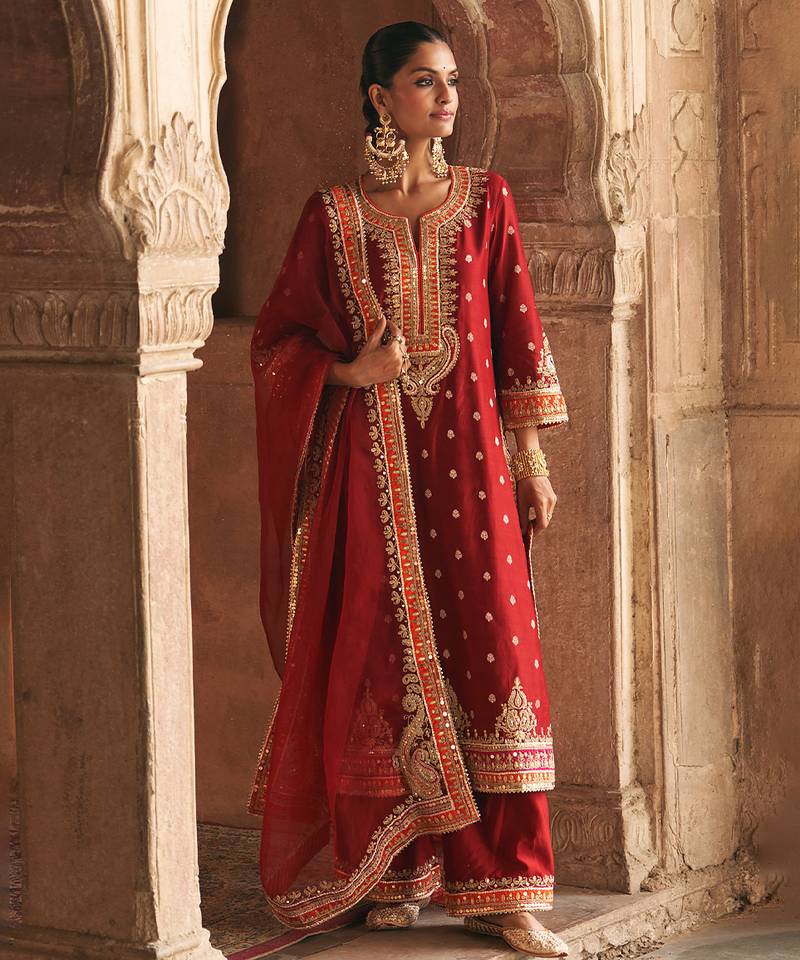 Red embroidered chanderi silk kurta set