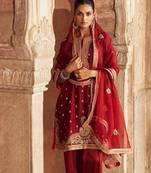 Red embroidered chanderi silk kurta set
