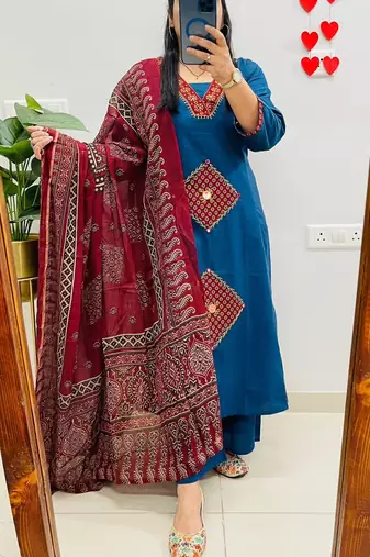 women pure cotton printed blue kurta with pant and dupatta