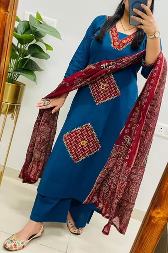 Blue Women  Cotton Printed Kurta With Pant And Dupatta