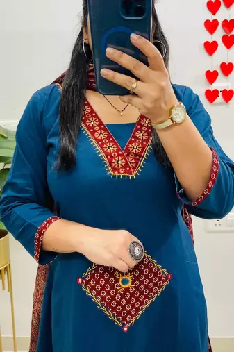 Blue Women  Cotton Printed Kurta With Pant And Dupatta