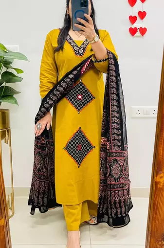 women pure cotton printed yellow kurta with pant and dupatta