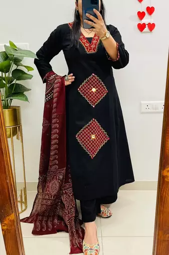 women pure cotton printed black kurta with pant and dupatta