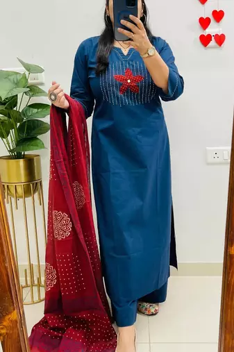 women pure cotton embroidery blue kurta with pant and dupatta