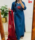 Blue Women Pure Cotton Embroideredry Kurta With Pant And Dupatta