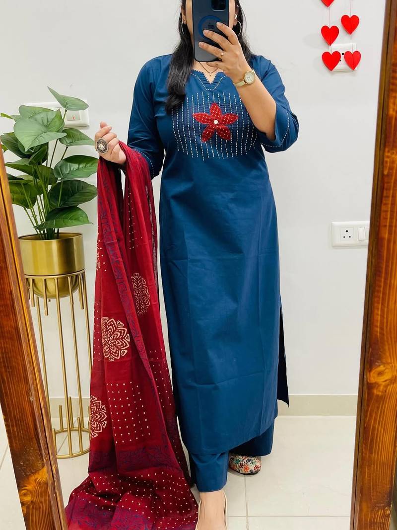 women pure cotton embroidery blue kurta with pant and dupatta