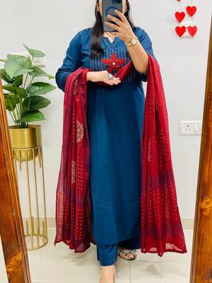 Blue Women  Cotton Embroideredry Kurta With Pant And Dupatta 2