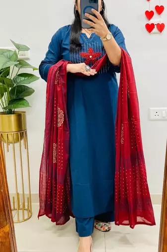 Blue Women  Cotton Embroideredry Kurta With Pant And Dupatta
