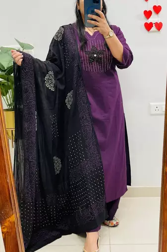 Black Women  Cotton Embroideredry Kurta With Pant And Dupatta