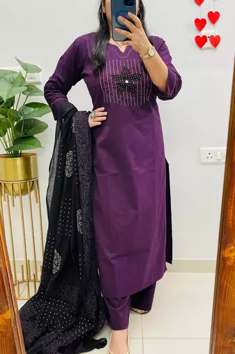 Black Women  Cotton Embroideredry Kurta With Pant And Dupatta