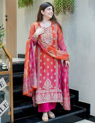 Orange Women silk blend Embroideredry Kurta With Pant And Dupatta 1