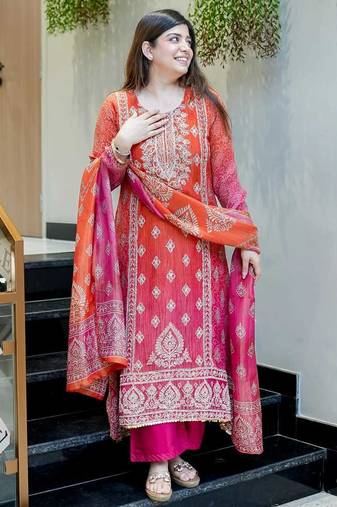 women silk embroidery orange kurta with pant and dupatta