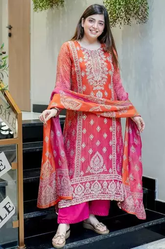Orange Women Silk Embroideredry Kurta With Pant And Dupatta