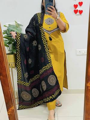 Yellow Women  Cotton Embroideredry Kurta With Pant And Dupatta 1