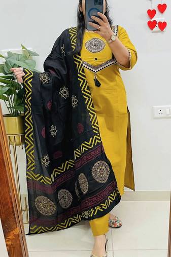 women pure cotton embroidery yellow kurta with pant and dupatta