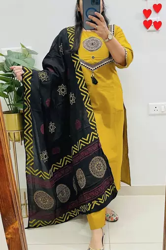 women pure cotton embroidery yellow kurta with pant and dupatta
