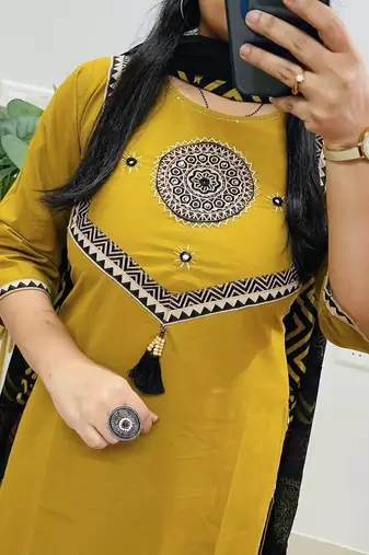 Yellow Women  Cotton Embroideredry Kurta With Pant And Dupatta