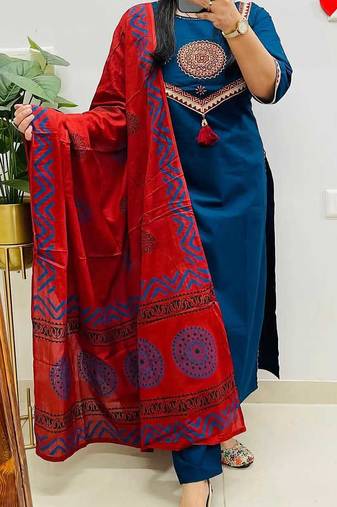women pure cotton embroidery blue kurta with pant and dupatta