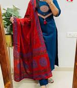Blue Women Pure Cotton Embroideredry Kurta With Pant And Dupatta