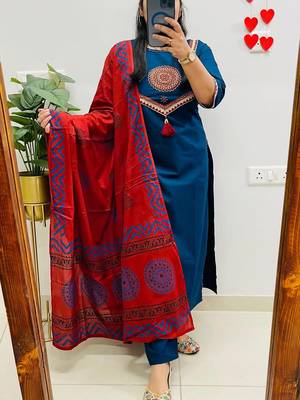 Blue Women  Cotton Embroideredry Kurta With Pant And Dupatta 3
