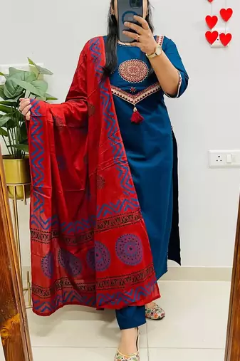 Blue Women  Cotton Embroideredry Kurta With Pant And Dupatta