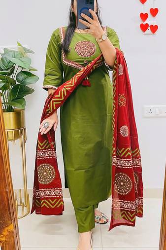 women pure cotton embroidery green kurta with pant and dupatta