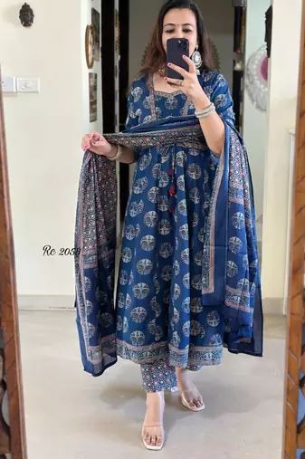 women pure cotton printed blue kurta with pant and dupatta