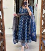 Blue Women Pure Cotton Printed Kurta With Pant And Dupatta