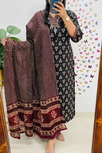 women pure cotton printed black kurta with pant and dupatta