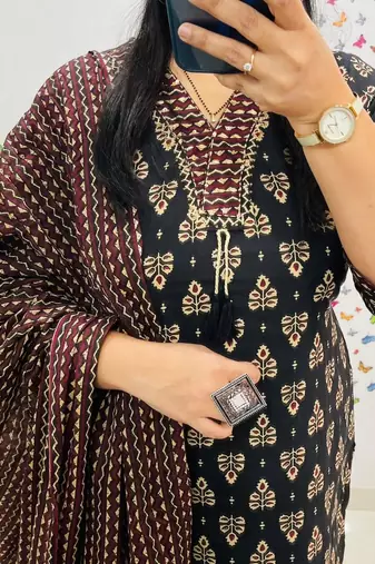 Black Women  Cotton Printed Kurta With Pant And Dupatta